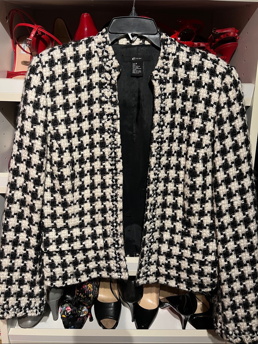 ECI Black and White Houndstooth Tweed Pearl-Trim Blazer